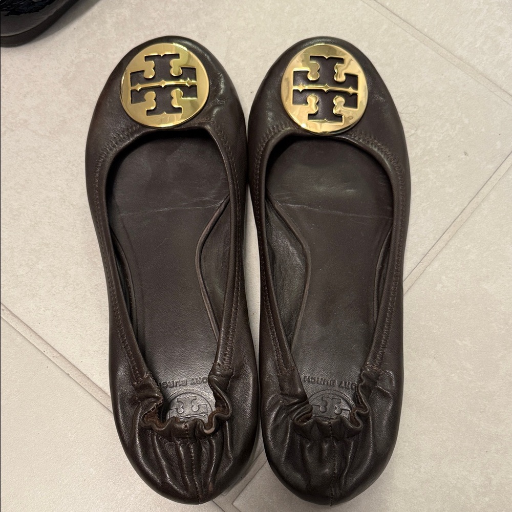 Tory Burch Dark Brown Flats with Gold Logo
